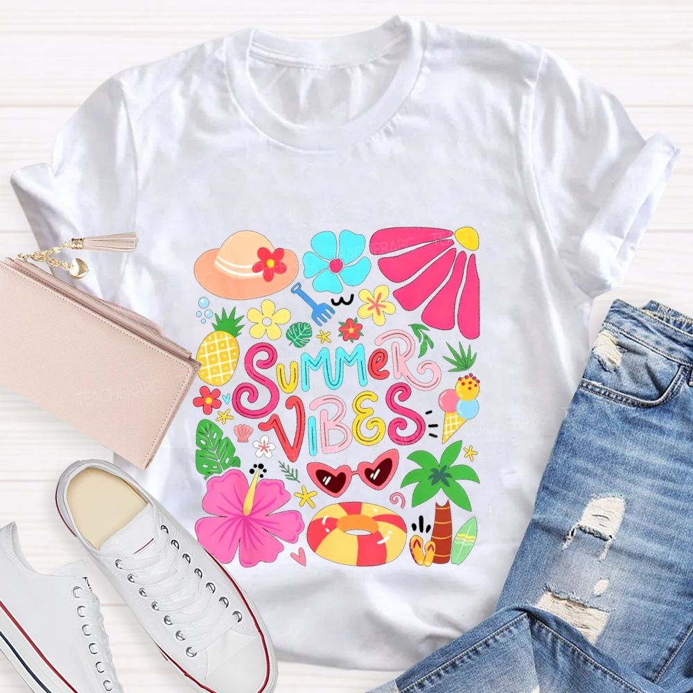 Summer Vibes And Colorful Flowers Teacher T-shirt