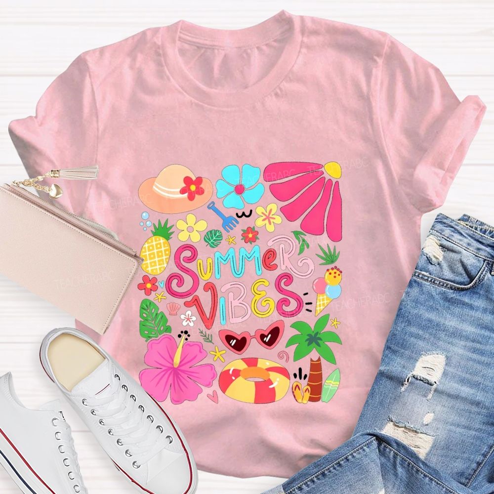 Summer Vibes And Colorful Flowers Teacher T-shirt