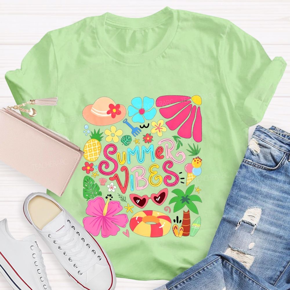 Summer Vibes And Colorful Flowers Teacher T-shirt