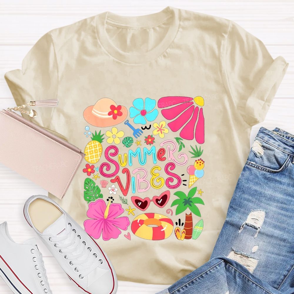 Summer Vibes And Colorful Flowers Teacher T-shirt