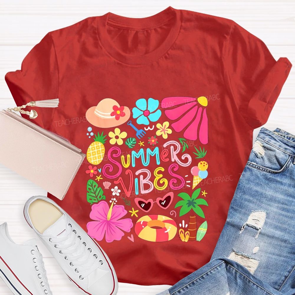 Summer Vibes And Colorful Flowers Teacher T-shirt