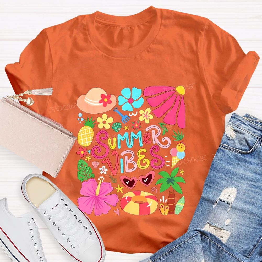 Summer Vibes And Colorful Flowers Teacher T-shirt