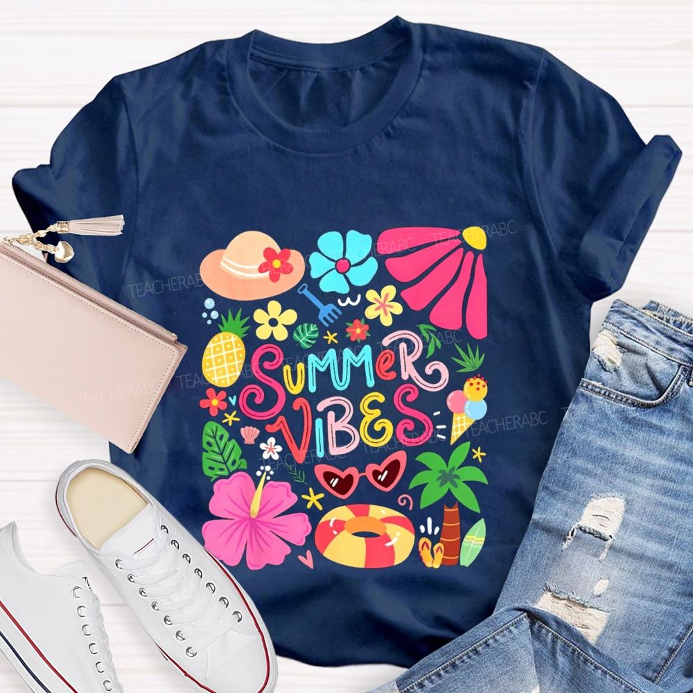 Summer Vibes And Colorful Flowers Teacher T-shirt