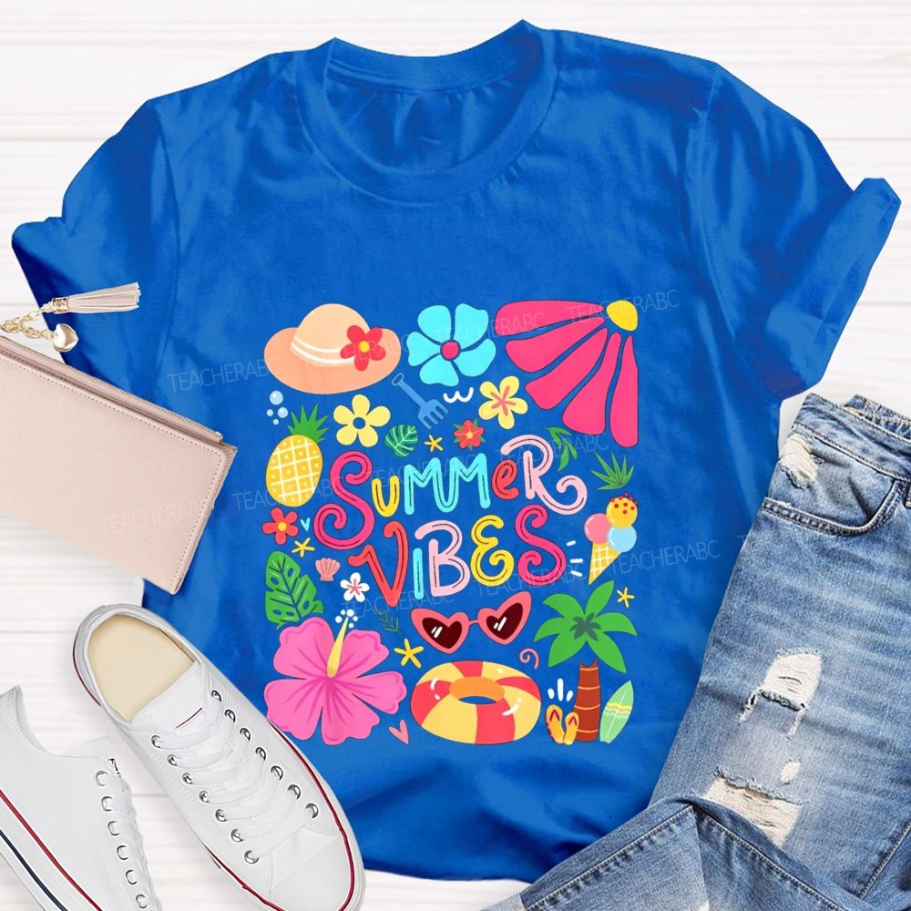 Summer Vibes And Colorful Flowers Teacher T-shirt