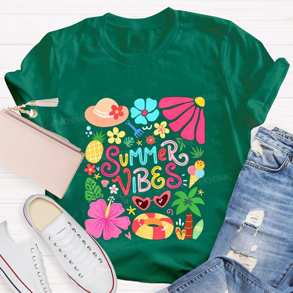 Summer Vibes And Colorful Flowers Teacher T-shirt