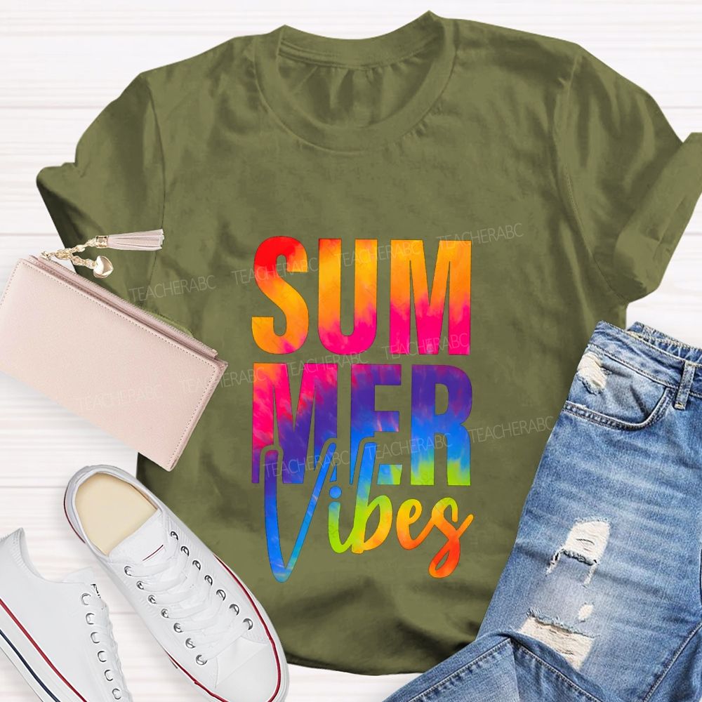 Summer Vibes And Colorful Tie-Dye Font Teacher T-shirt