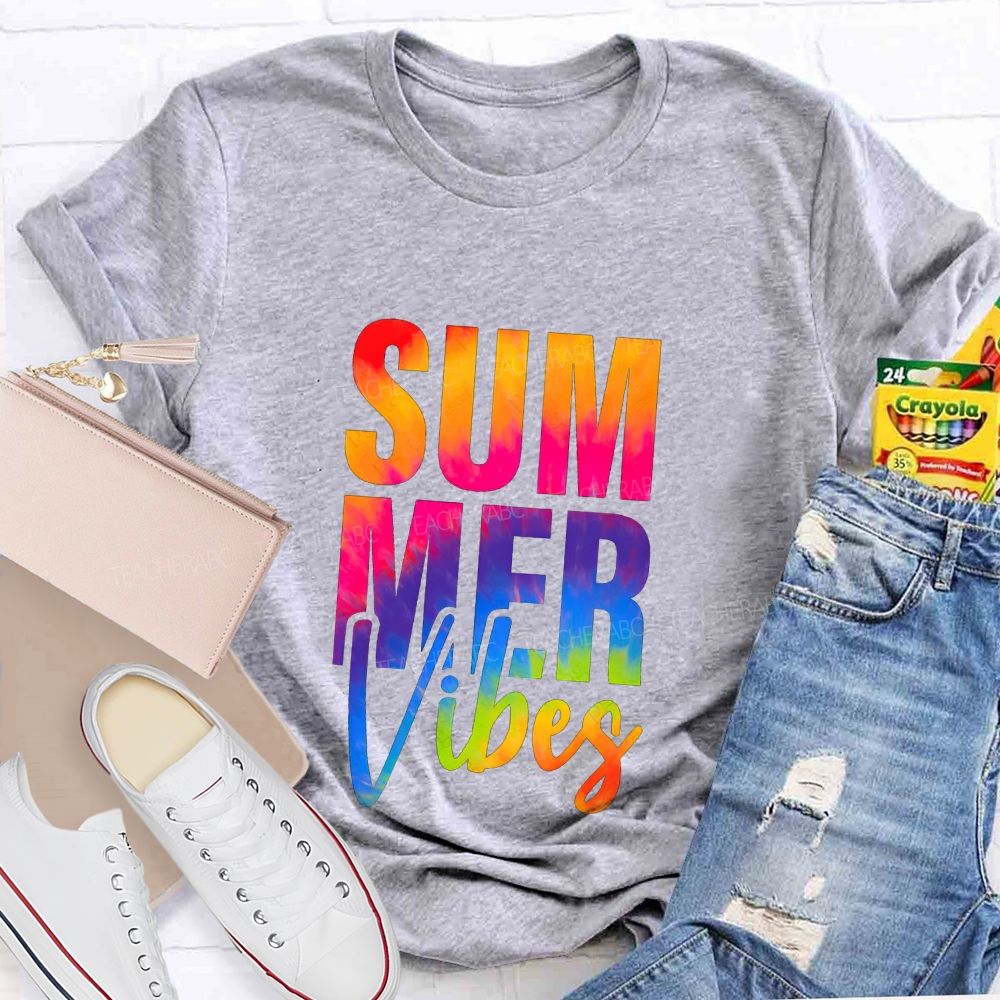 Summer Vibes And Colorful Tie-Dye Font Teacher T-shirt