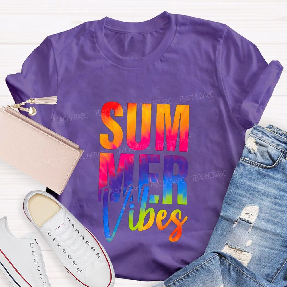 Summer Vibes And Colorful Tie-Dye Font Teacher T-shirt