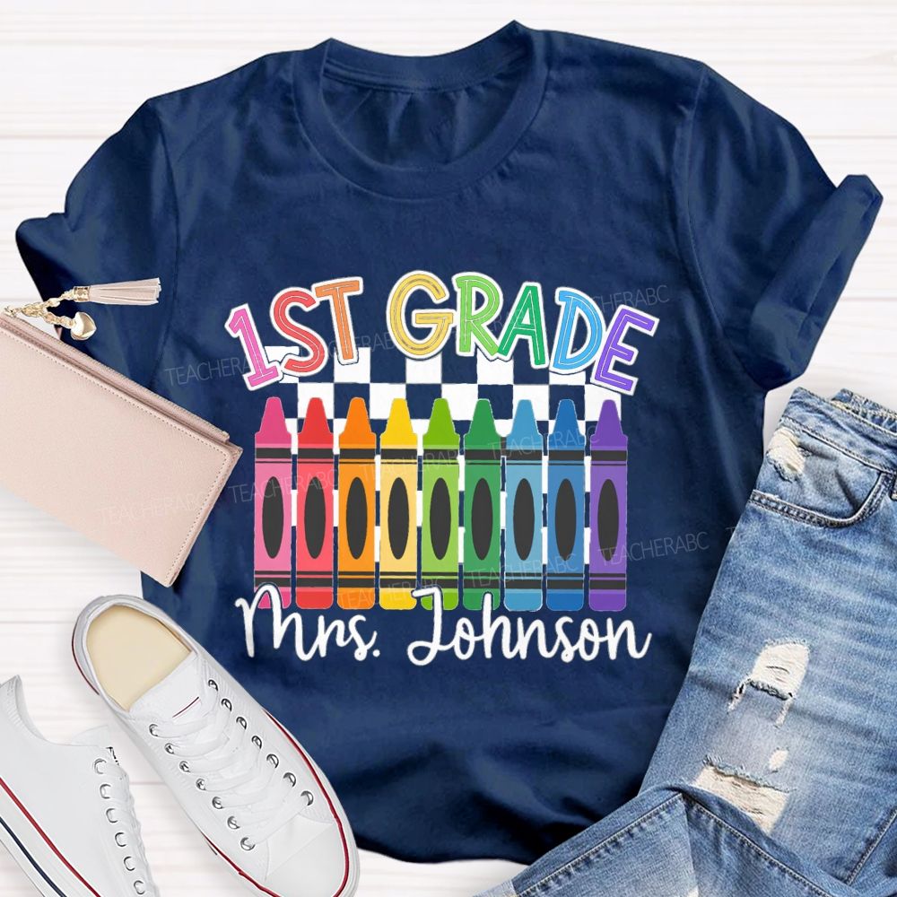 Personalized Grade And Name Colorful Crayons Teacher T-Shirt