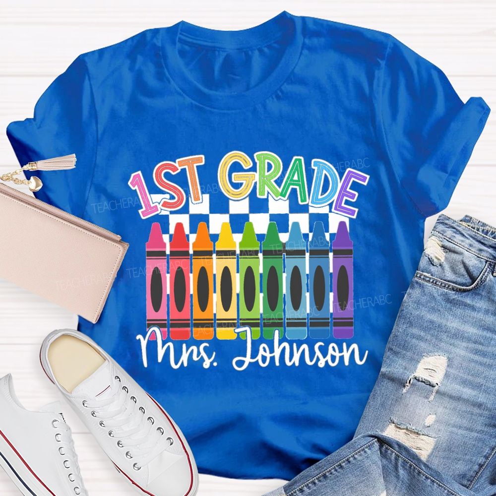Personalized Grade And Name Colorful Crayons Teacher T-Shirt