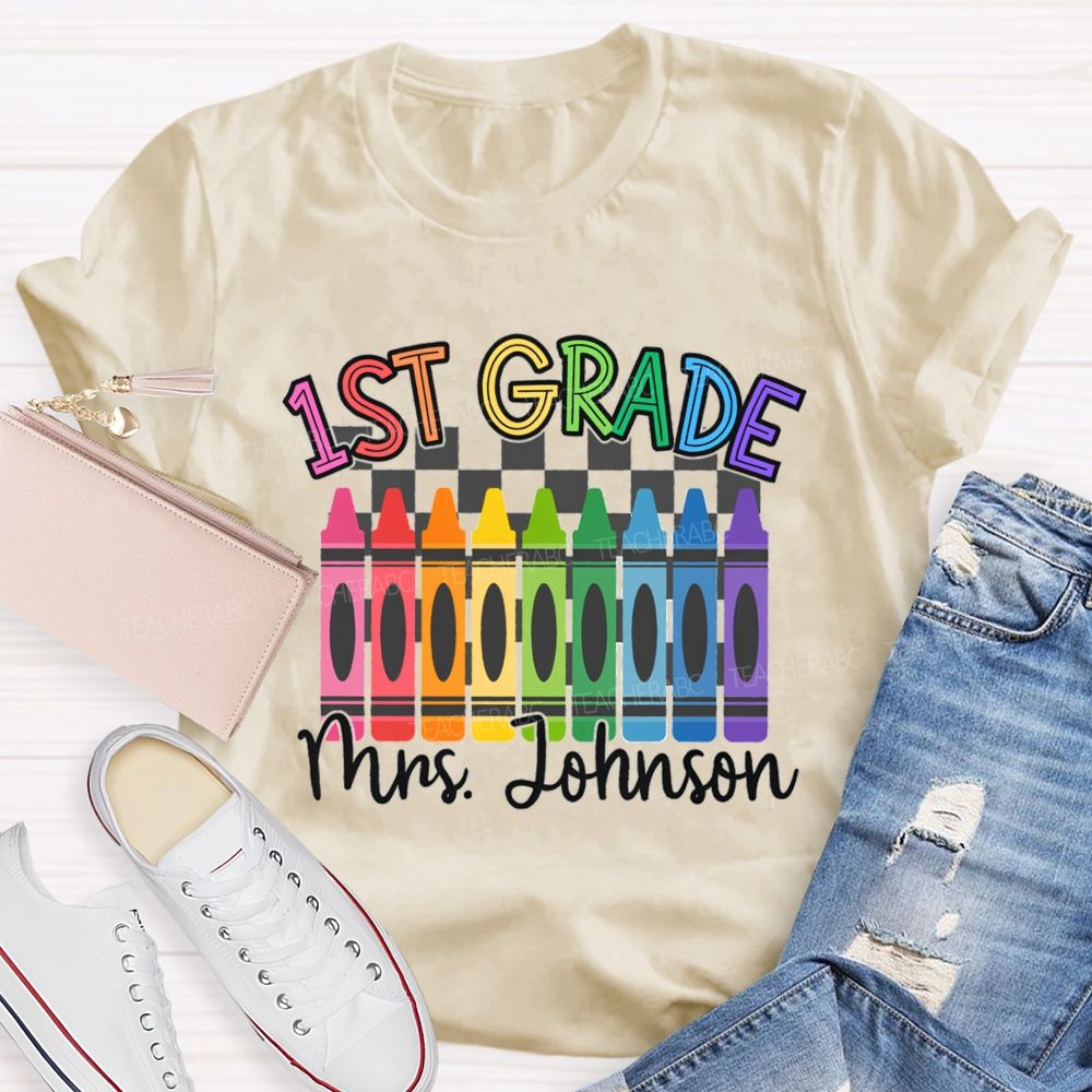 Personalized Grade And Name Colorful Crayons Teacher T-Shirt