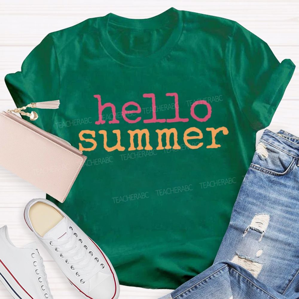 Hello Summer Vacation Vibes Colorful Letters Teacher T-shirt