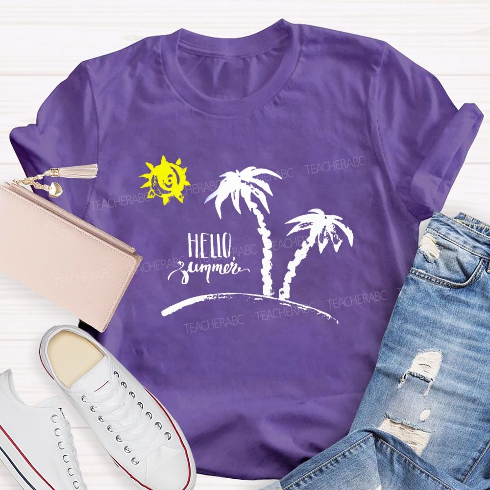 Hello Summer Sunshine Coconut Tree Teacher T-Shirt