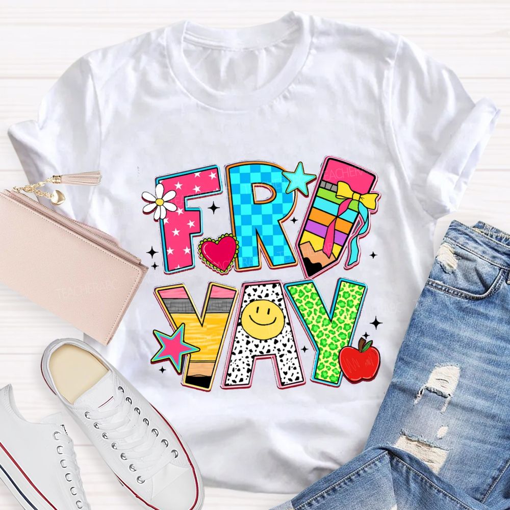 Fri-Yay Polka Dot Colored Font Teacher T-shirt