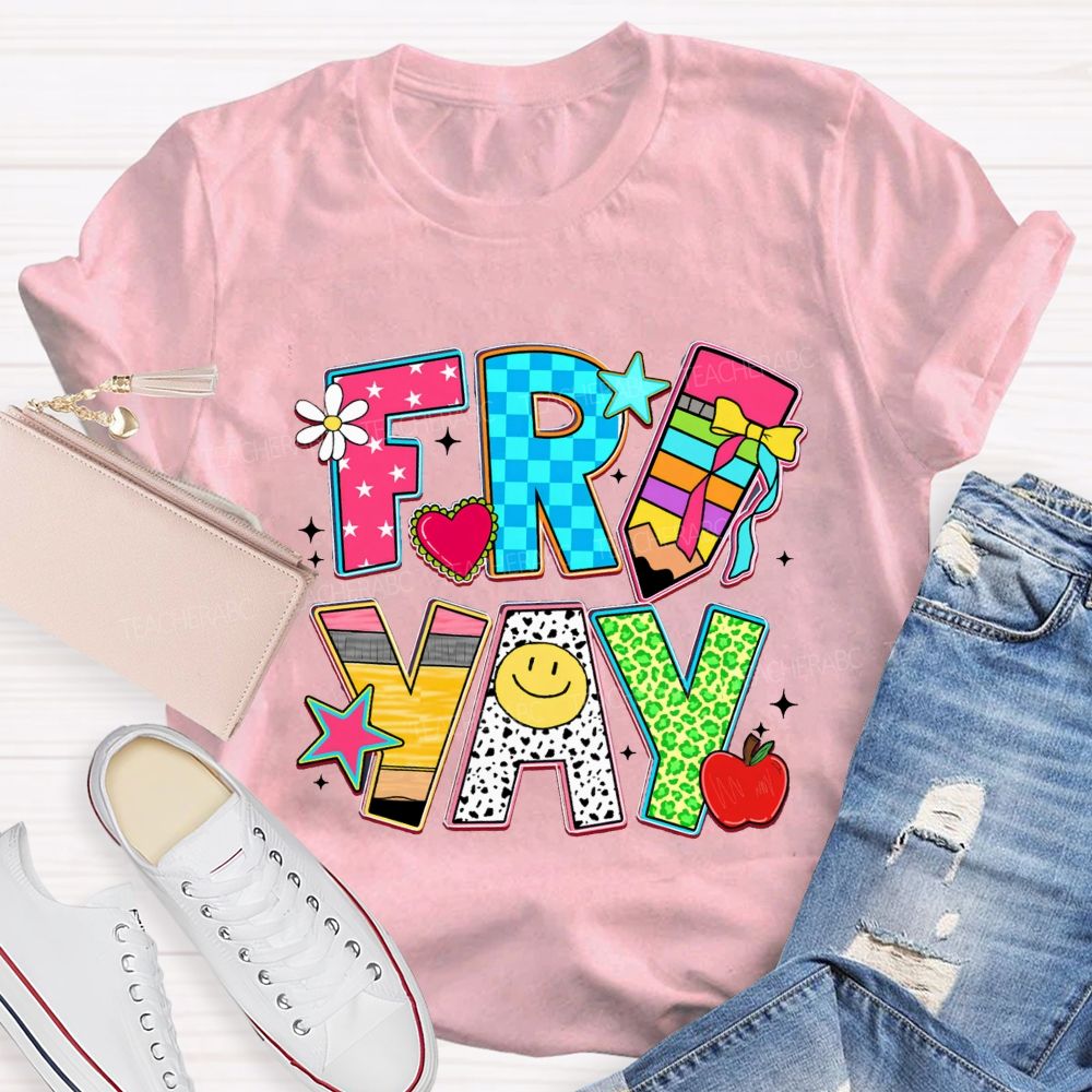 Fri-Yay Polka Dot Colored Font Teacher T-shirt