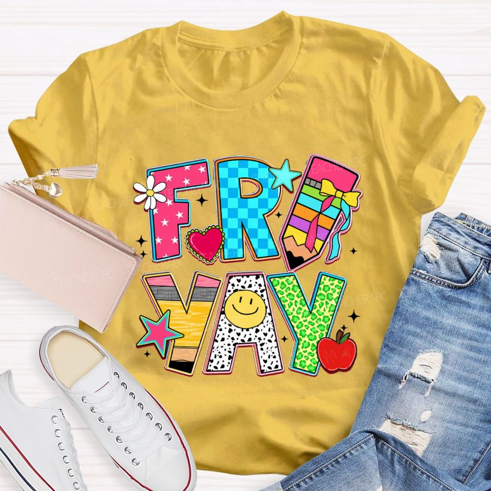 Fri-Yay Polka Dot Colored Font Teacher T-shirt