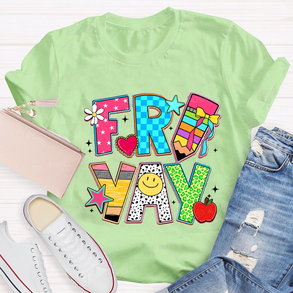 Fri-Yay Polka Dot Colored Font Teacher T-shirt