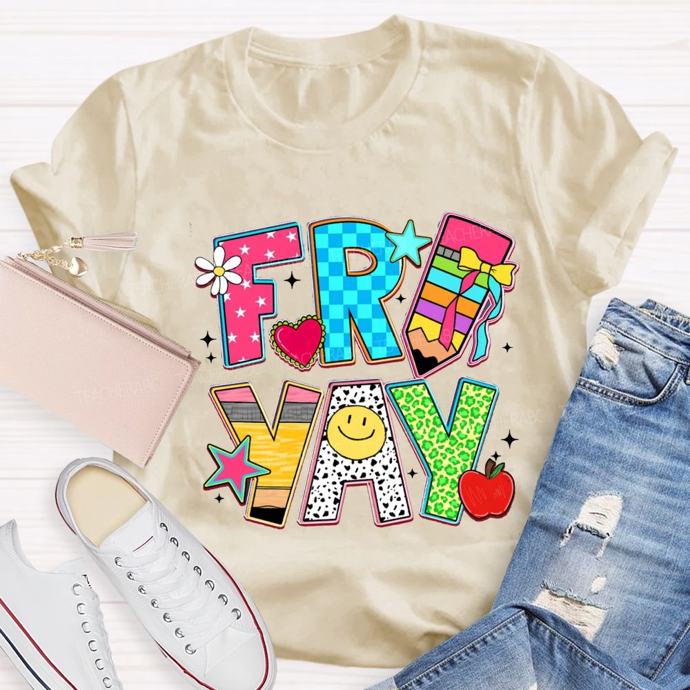 Fri-Yay Polka Dot Colored Font Teacher T-shirt