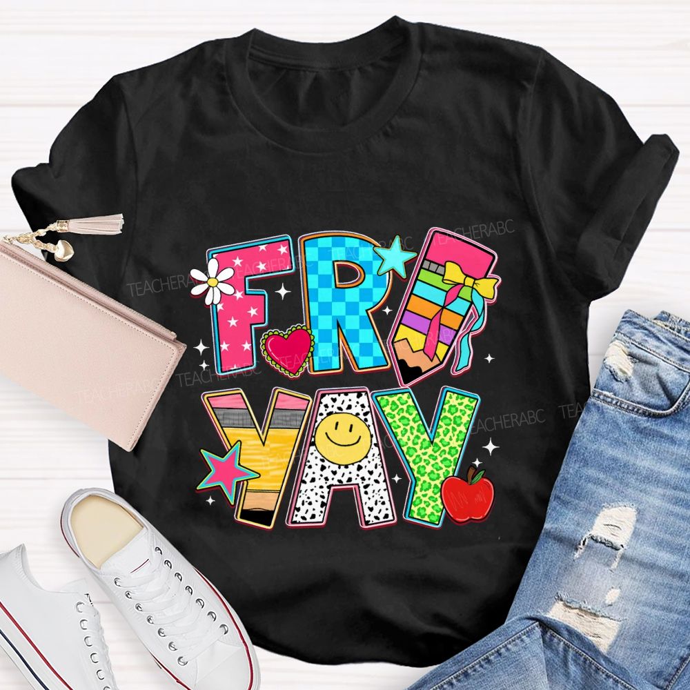 Fri-Yay Polka Dot Colored Font Teacher T-shirt