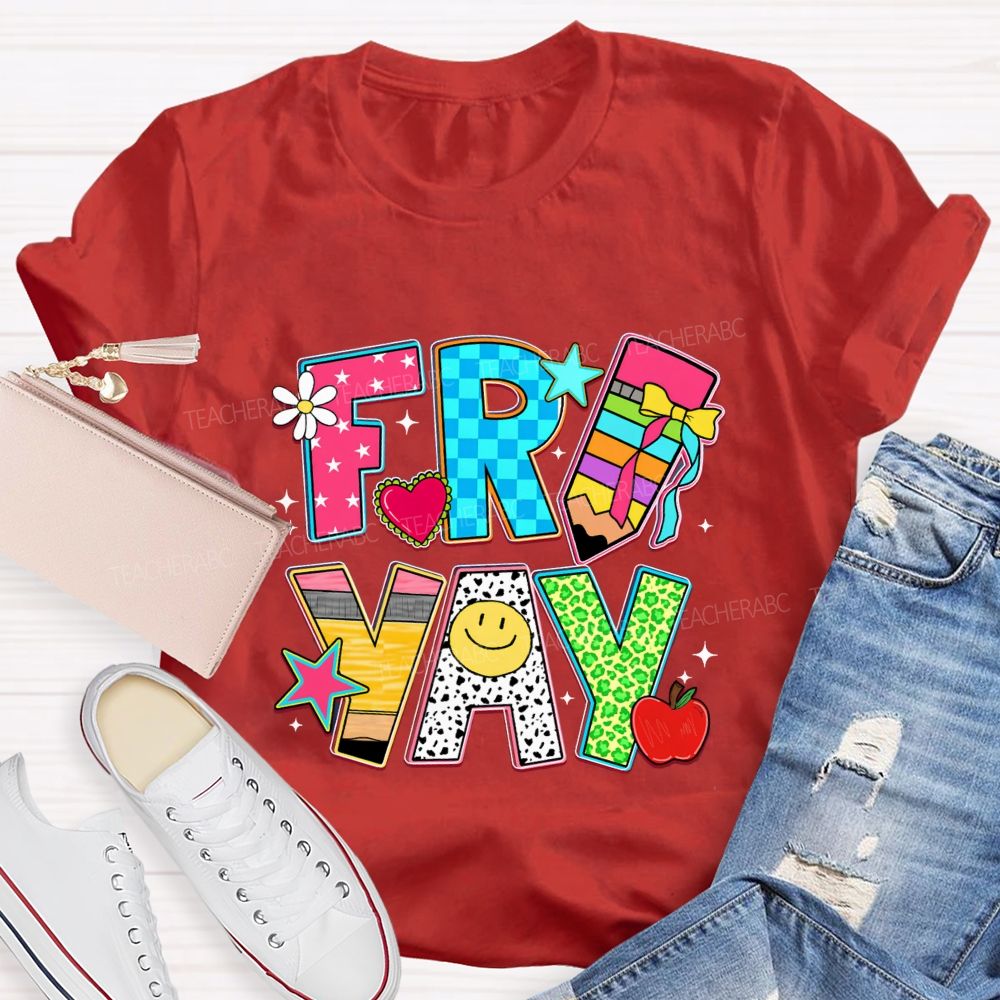Fri-Yay Polka Dot Colored Font Teacher T-shirt