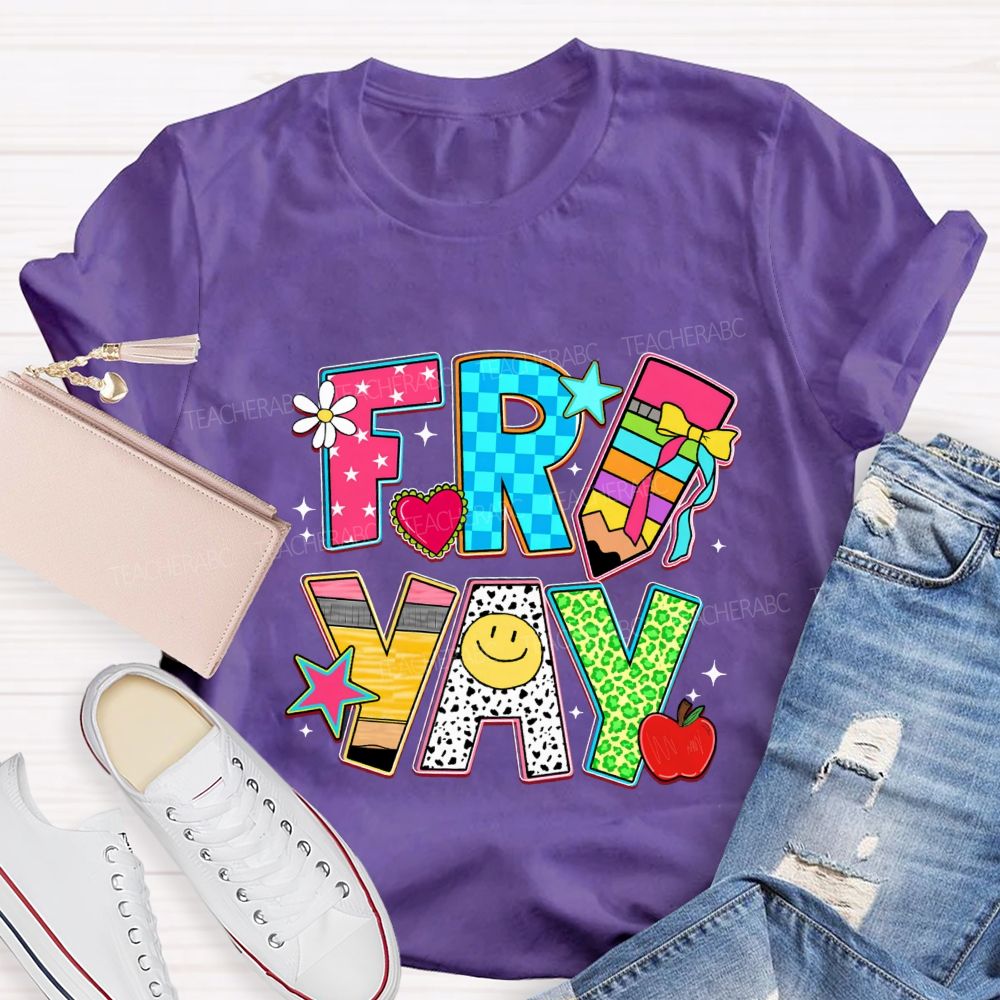 Fri-Yay Polka Dot Colored Font Teacher T-shirt