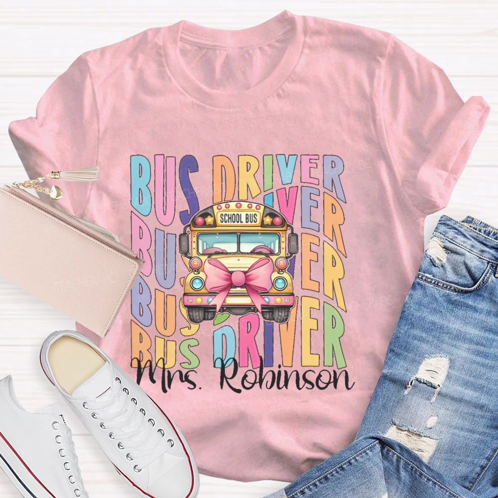 Personalized Name Bus Driver Pattern Teacher T-shirt