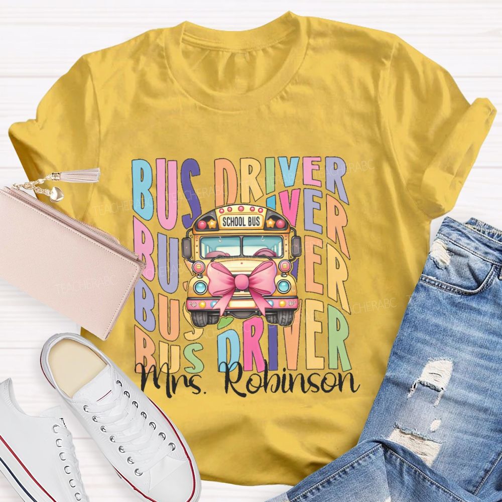 Personalized Name Bus Driver Pattern Teacher T-shirt