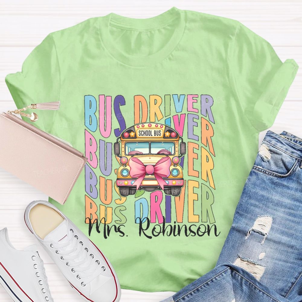 Personalized Name Bus Driver Pattern Teacher T-shirt