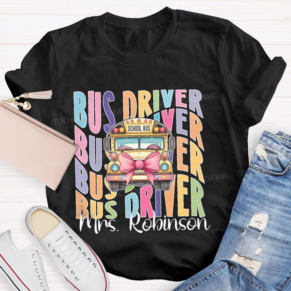Personalized Name Bus Driver Pattern Teacher T-shirt