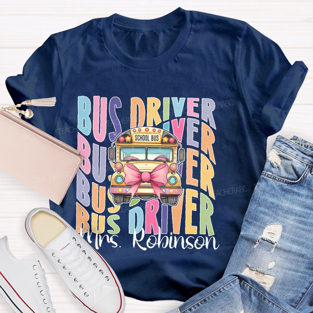 Personalized Name Bus Driver Pattern Teacher T-shirt