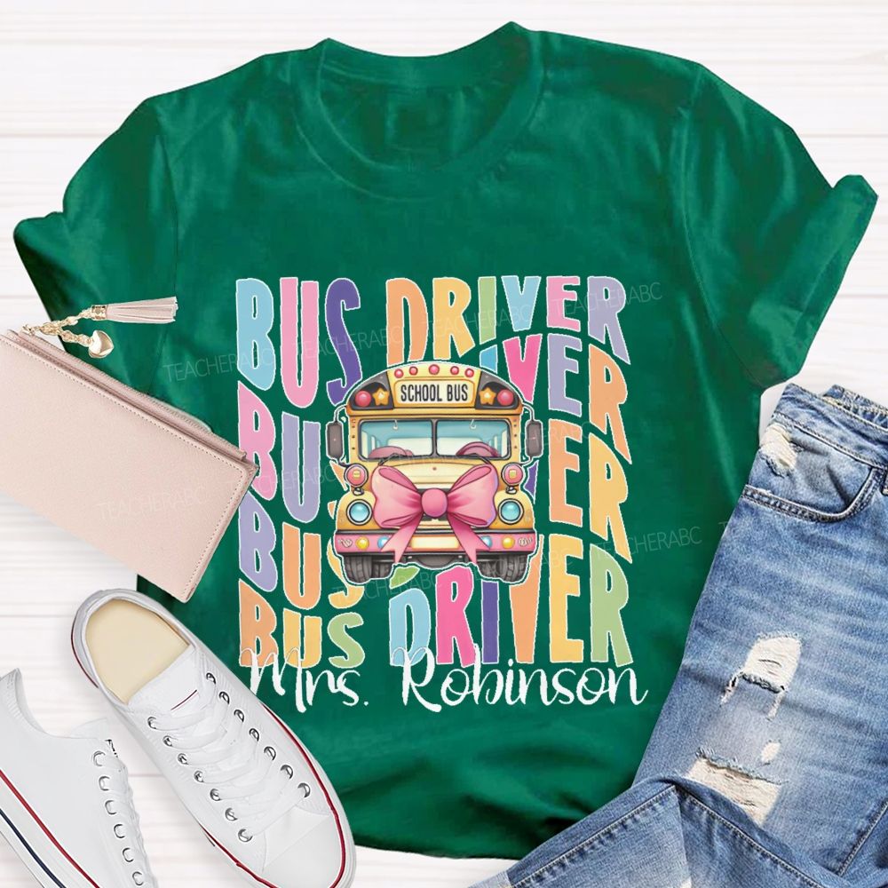 Personalized Name Bus Driver Pattern Teacher T-shirt