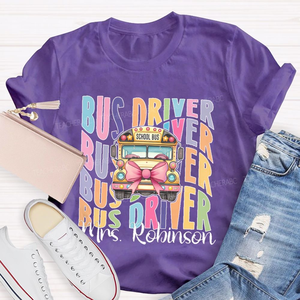 Personalized Name Bus Driver Pattern Teacher T-shirt