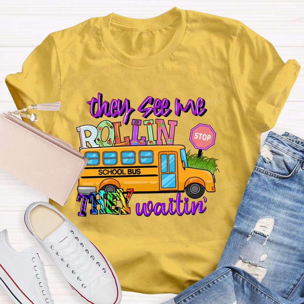 They See Me Rollin' They Waitin Pattern Teacher T-shirt