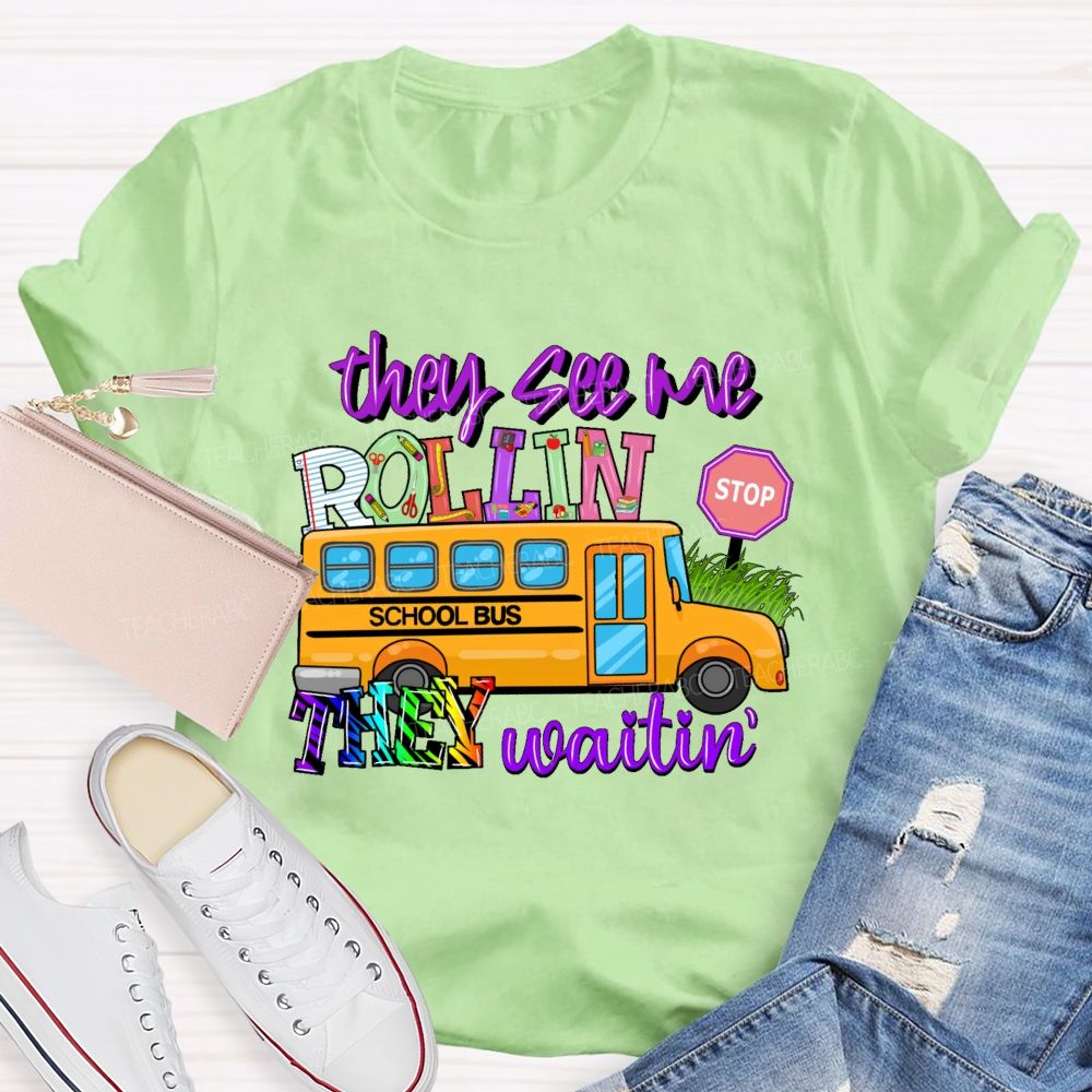 They See Me Rollin' They Waitin Pattern Teacher T-shirt