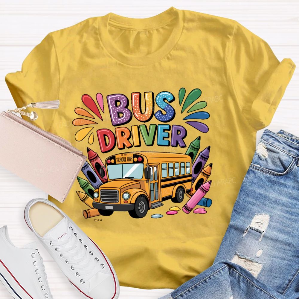 Bus Driver Colorful Crayon Teacher T-shirt