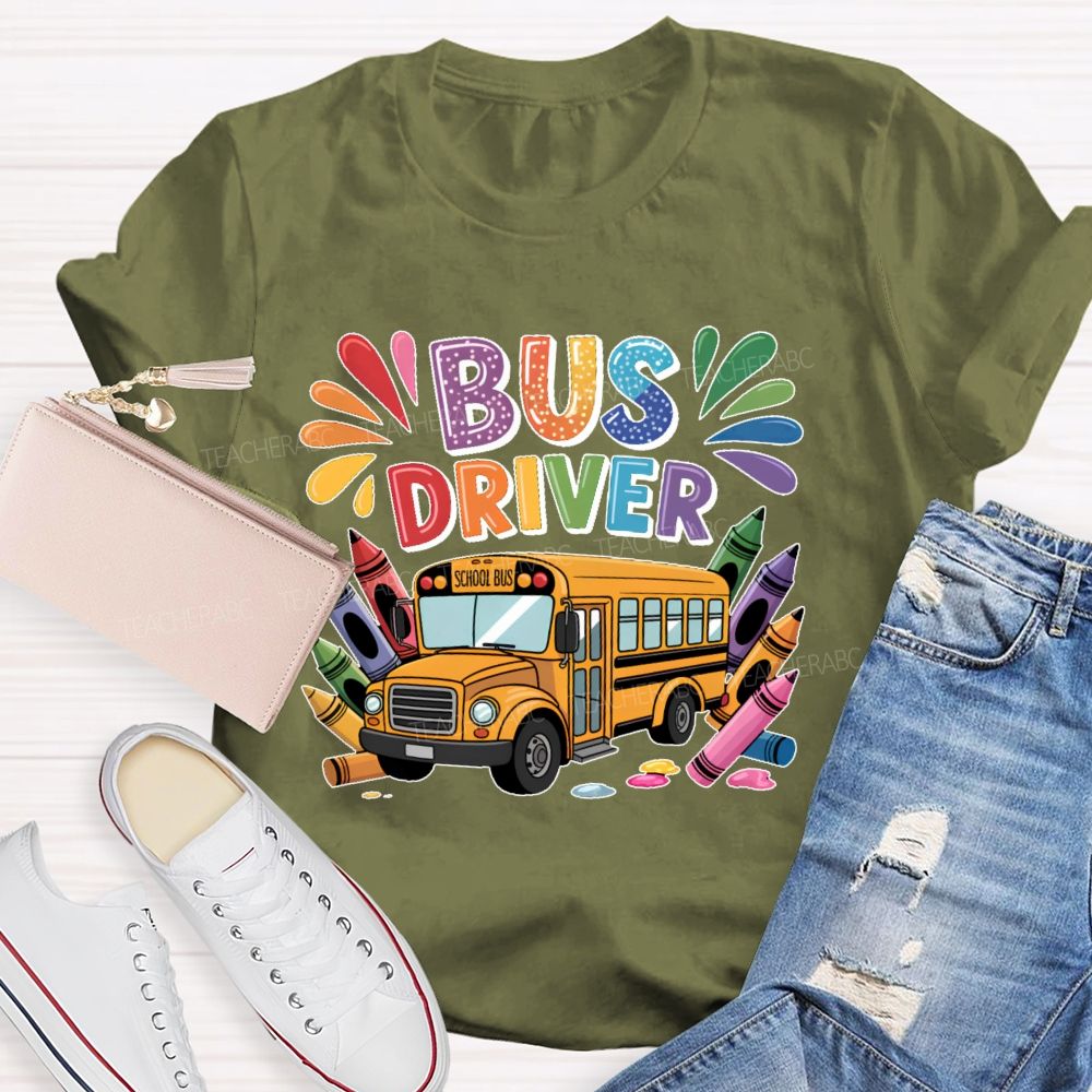 Bus Driver Colorful Crayon Teacher T-shirt