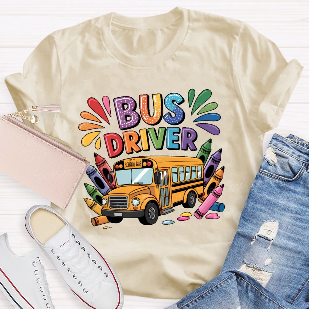 Bus Driver Colorful Crayon Teacher T-shirt