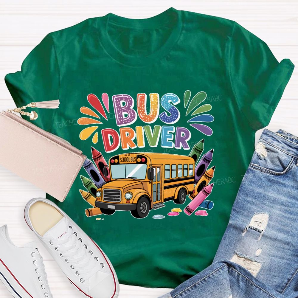 Bus Driver Colorful Crayon Teacher T-shirt