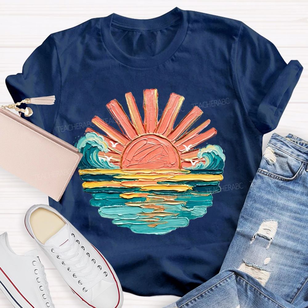 Vintage Sea Sunshine Vacation Vibes Teacher T-Shirt