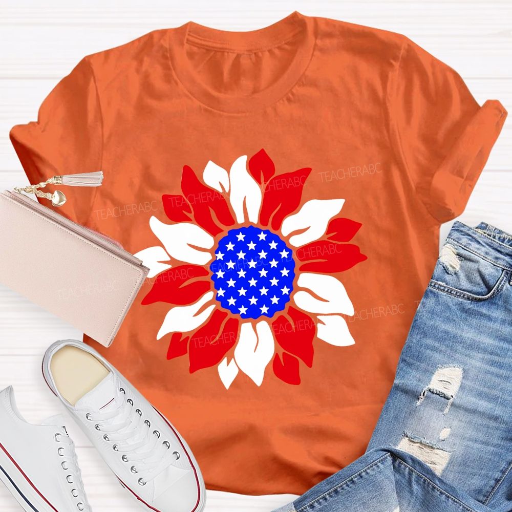 US Flag Sunflower Teacher T-shirt
