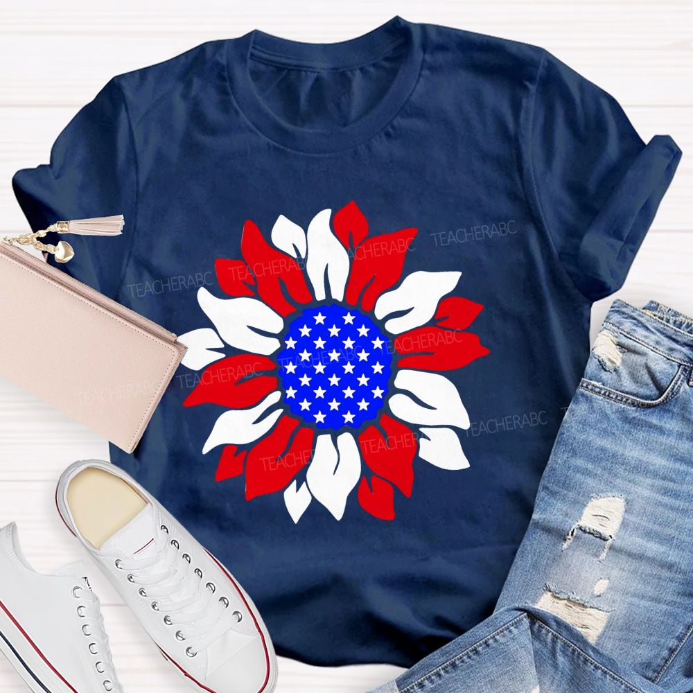 US Flag Sunflower Teacher T-shirt