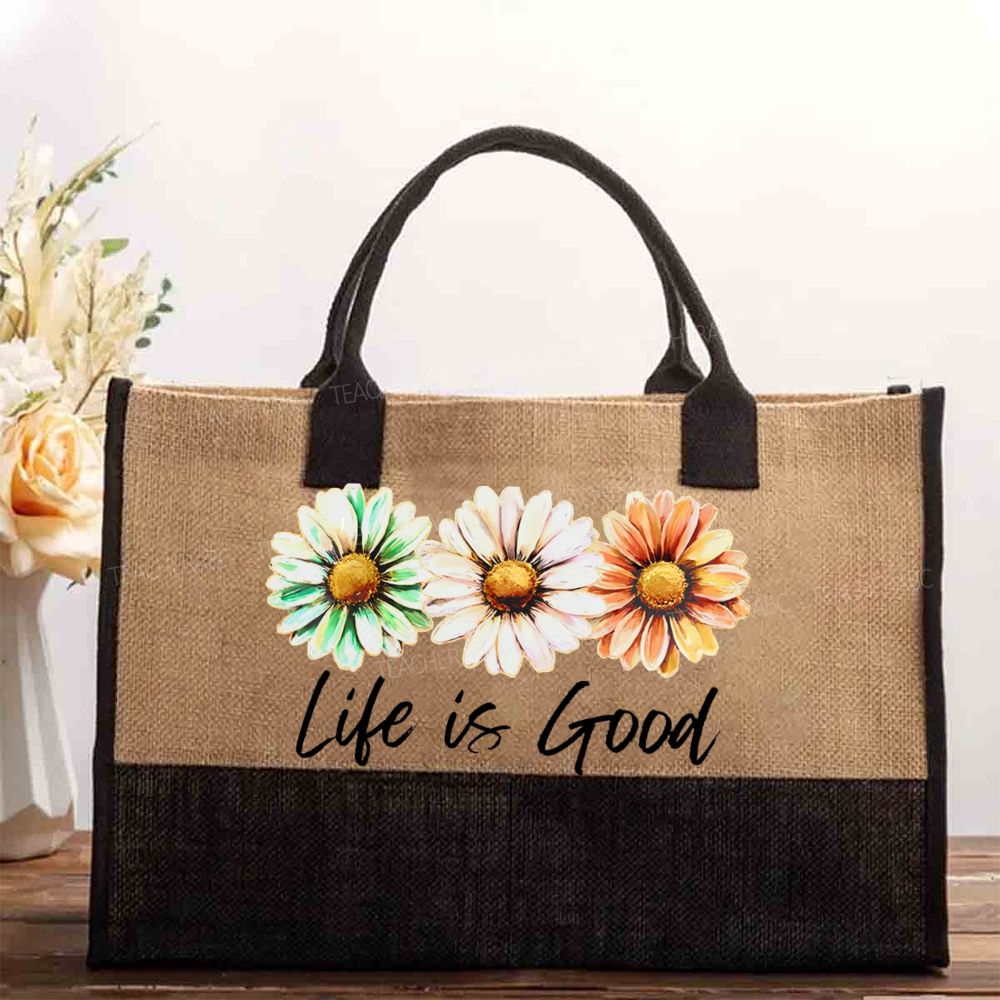Life Is Good Flowers Graphics Cotton Tote Bag