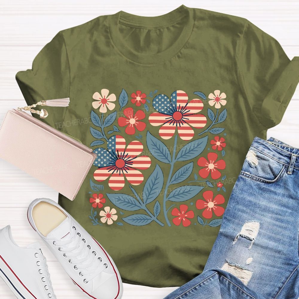 Us Flag Floral Teacher T-Shirt