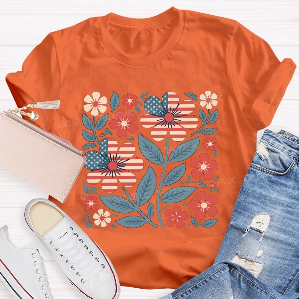 Us Flag Floral Teacher T-Shirt