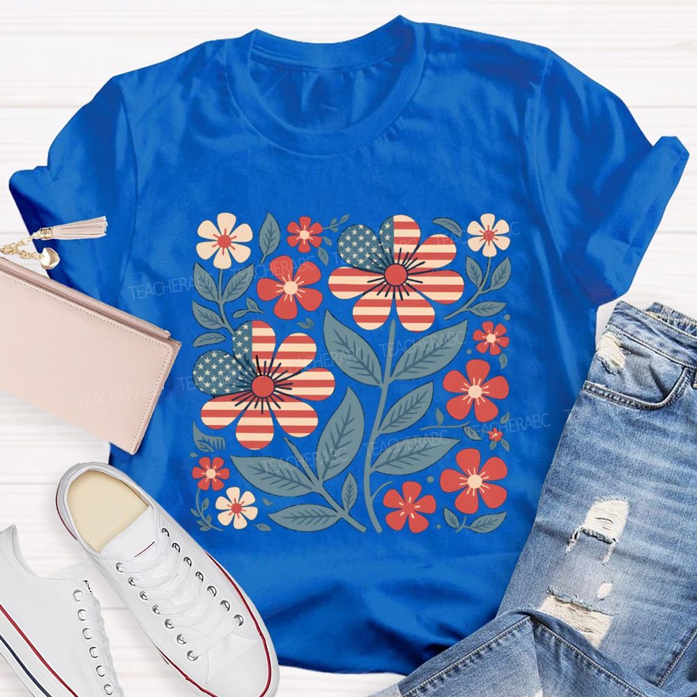 Us Flag Floral Teacher T-Shirt