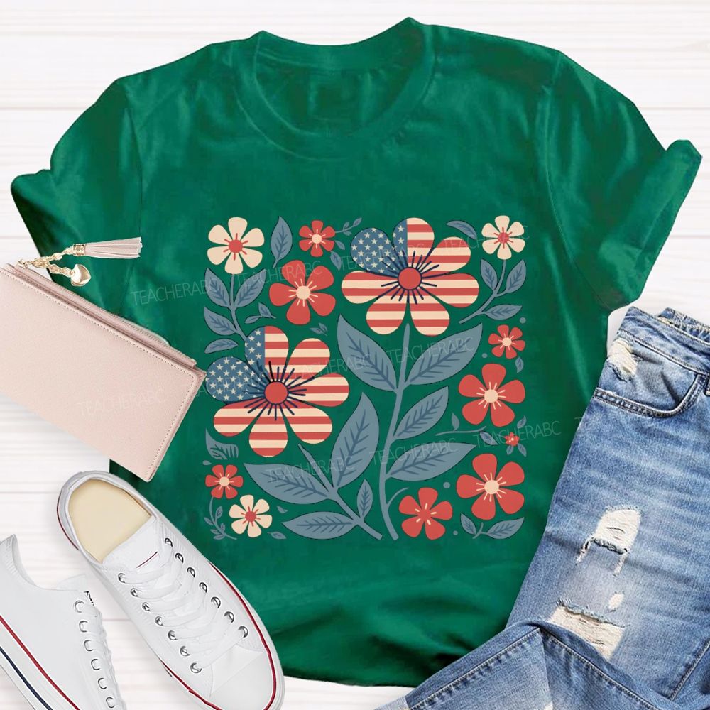 Us Flag Floral Teacher T-Shirt