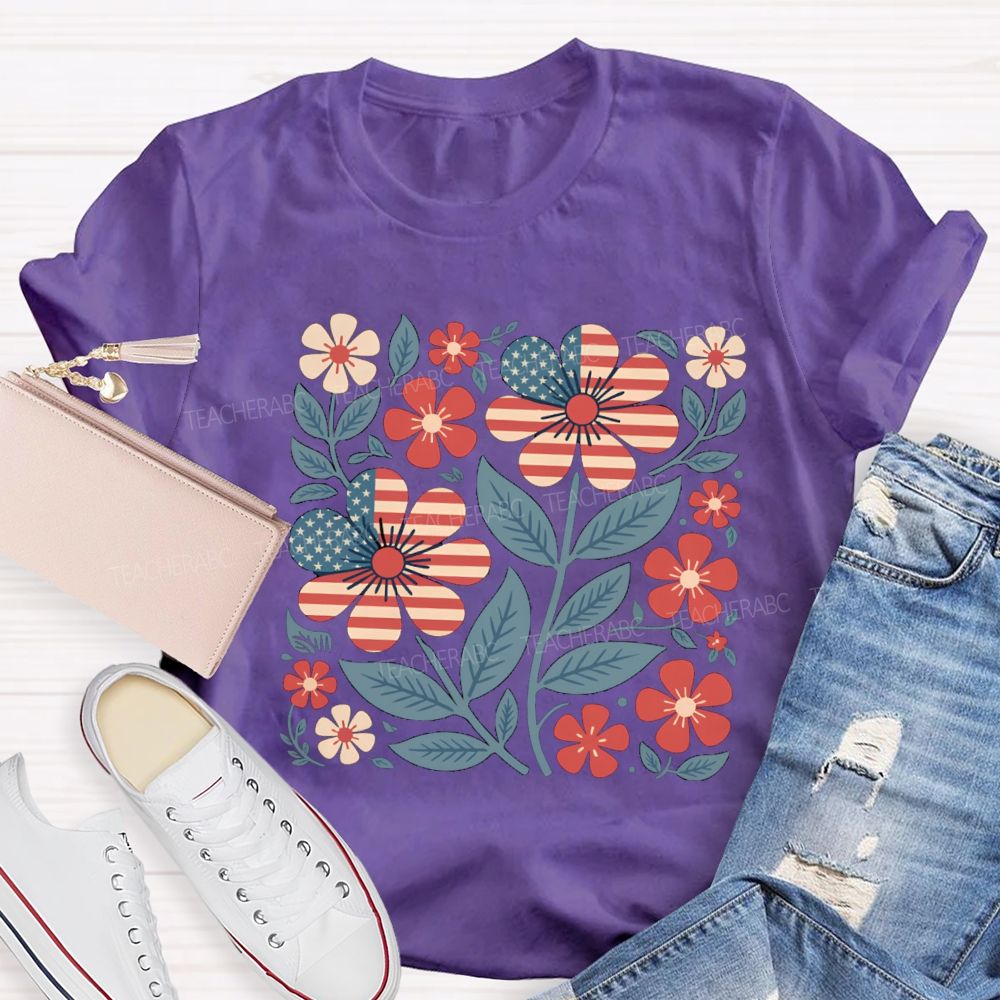 Us Flag Floral Teacher T-Shirt