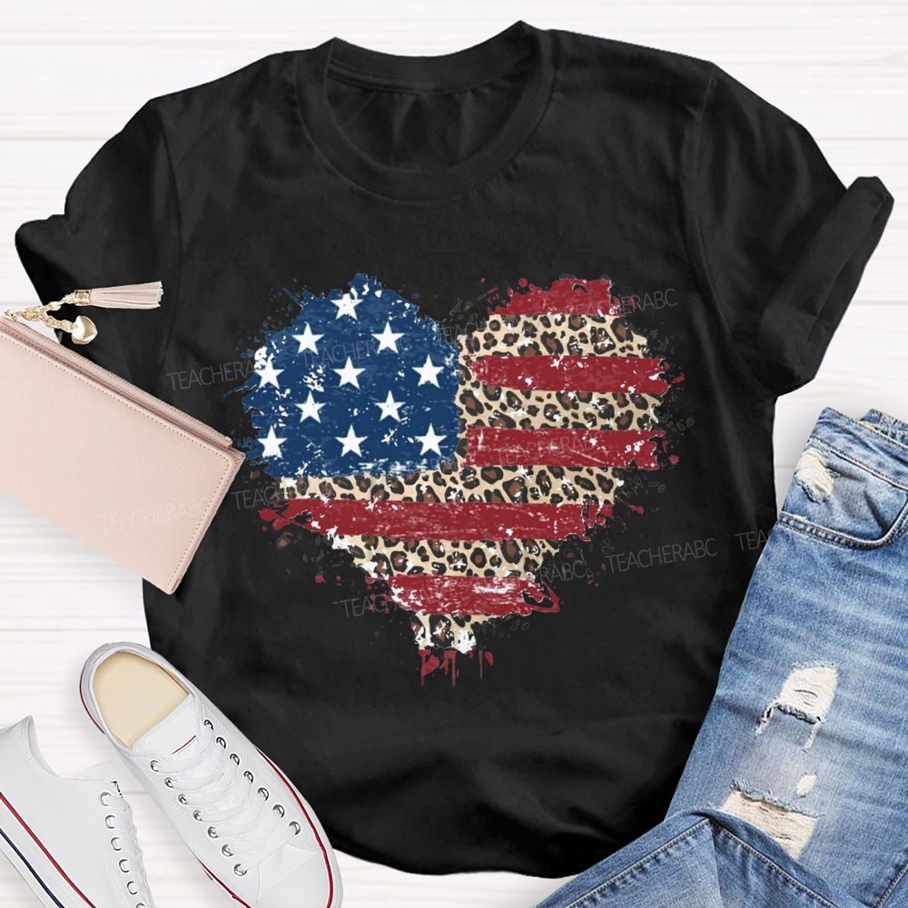 Us Flag Leopard Heart Teacher T-Shirt