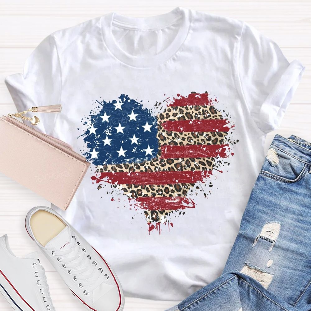 Us Flag Leopard Heart Teacher T-Shirt