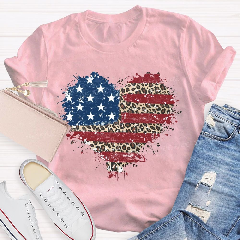 Us Flag Leopard Heart Teacher T-Shirt